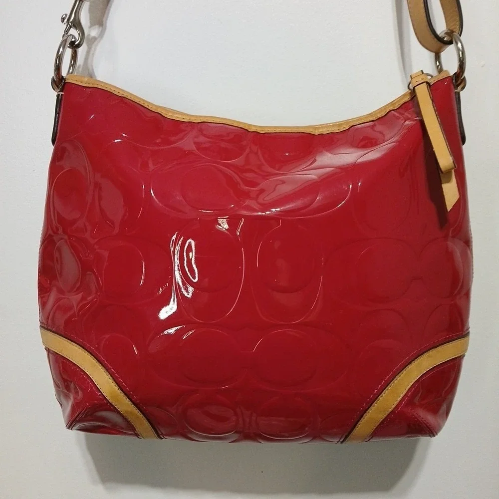 COACH Peyton Embossed Patent Leather Hobo Bag Berry Color Tan Interior